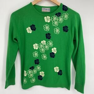 Vintage Ballatyne Sweater Women's Cashmere Thin Green Floral Made In Scotland